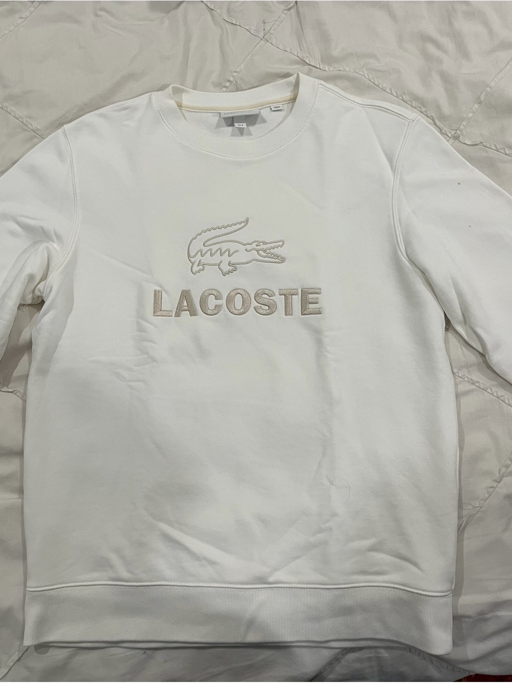 Lacoste Men’s Crewneck Sweatshirt in White with Beige Embroidered Logo